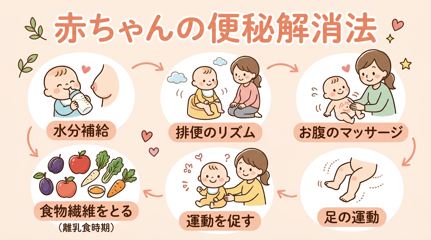 赤ちゃんの便秘解消法の全体像を示すイラスト。画像内のすべてのテキスト・ラベル・見出しは自然な日本語のみで書くこと。英語・ローマ字・アルファベットは一切使わないこ...