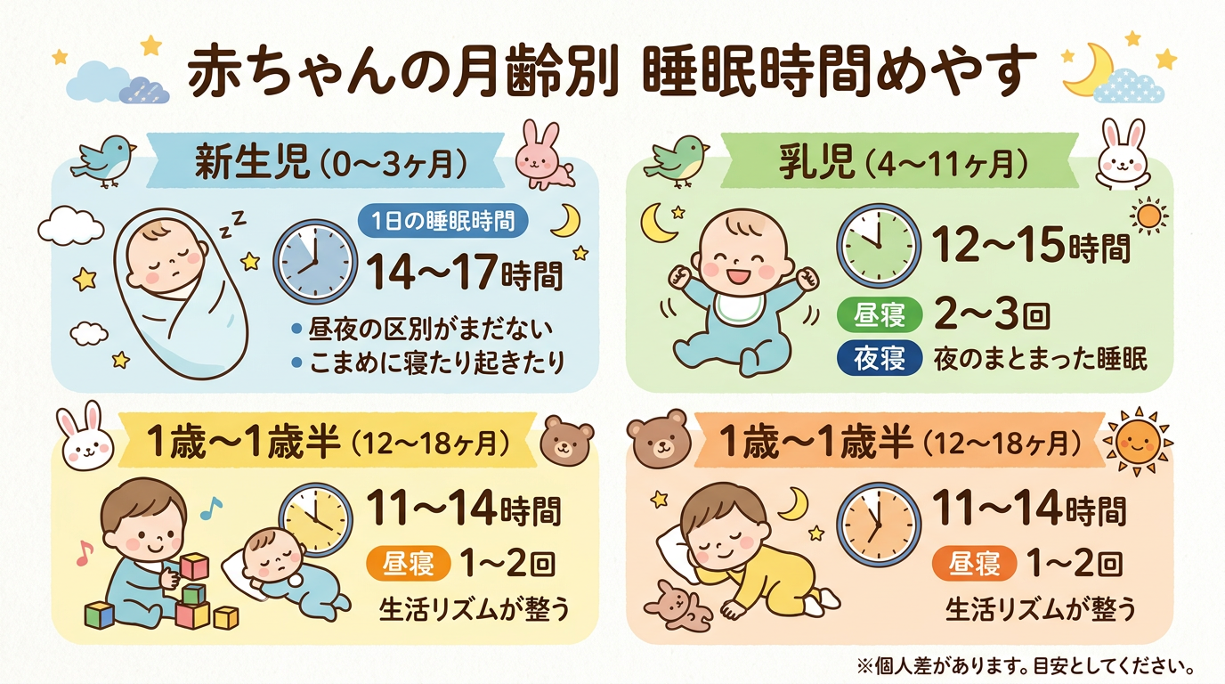 月齢別の睡眠時間を示すかわいいインフォグラフィック（新生児〜1歳半）