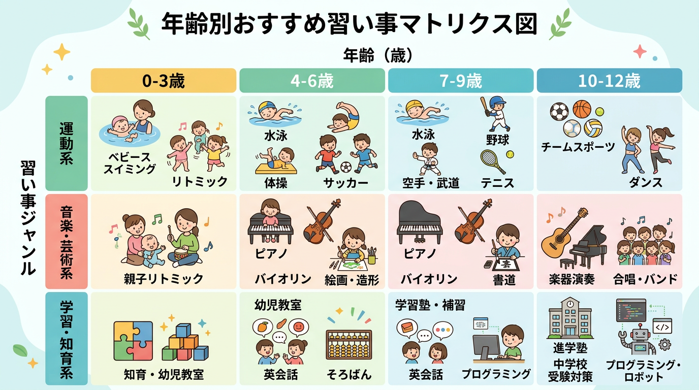 年齢別おすすめ習い事マトリクス図 — 横軸に年齢（0-12歳）、縦軸に習い事ジャンルを配置