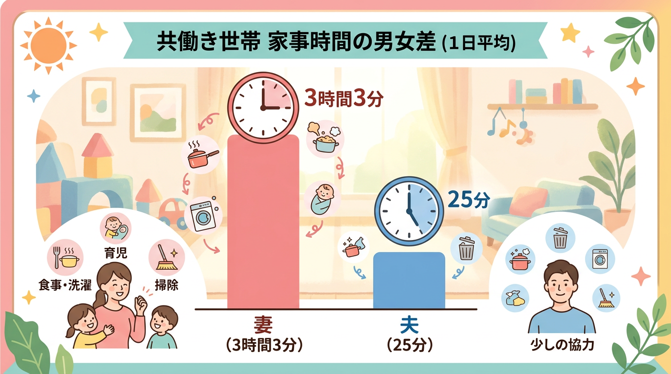 共働き世帯の家事時間の男女差をグラフで示すインフォグラフィック。妻3時間3分 vs 夫25分の棒グラフと時計アイコン。明るいパステル調、子育てフレンドリー