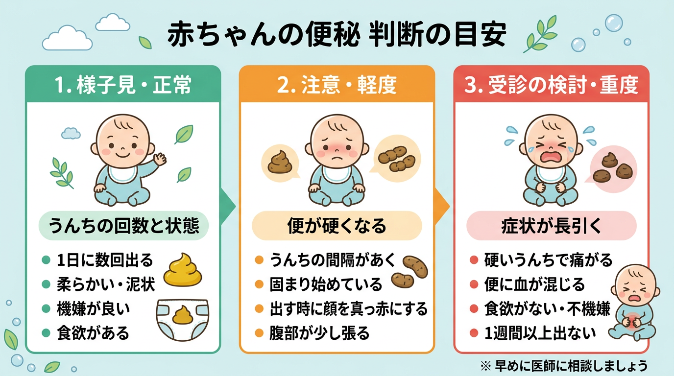 赤ちゃんの便秘の判断基準を3段階で図解したインフォグラフィック。画像内のすべてのテキスト・ラベル・見出しは自然な日本語のみで書くこと。英語・ローマ字・アルファベ...