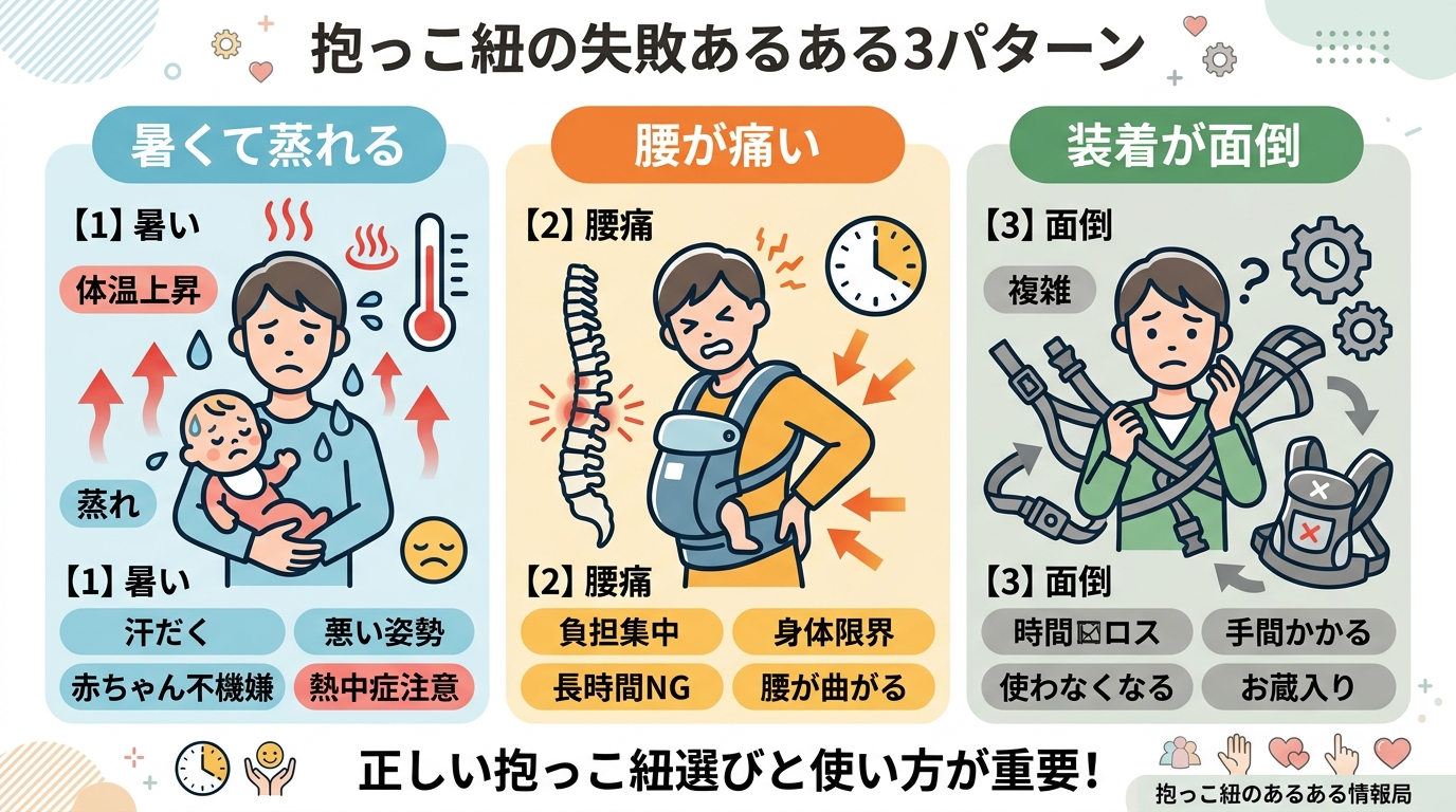 抱っこ紐の失敗あるある3パターンのイラスト比較図。「暑くて蒸れる」「腰が痛い」「装着が面倒で使わなくなった」の3列構成。各列にがっかりした表情のアイコンと原因キ...