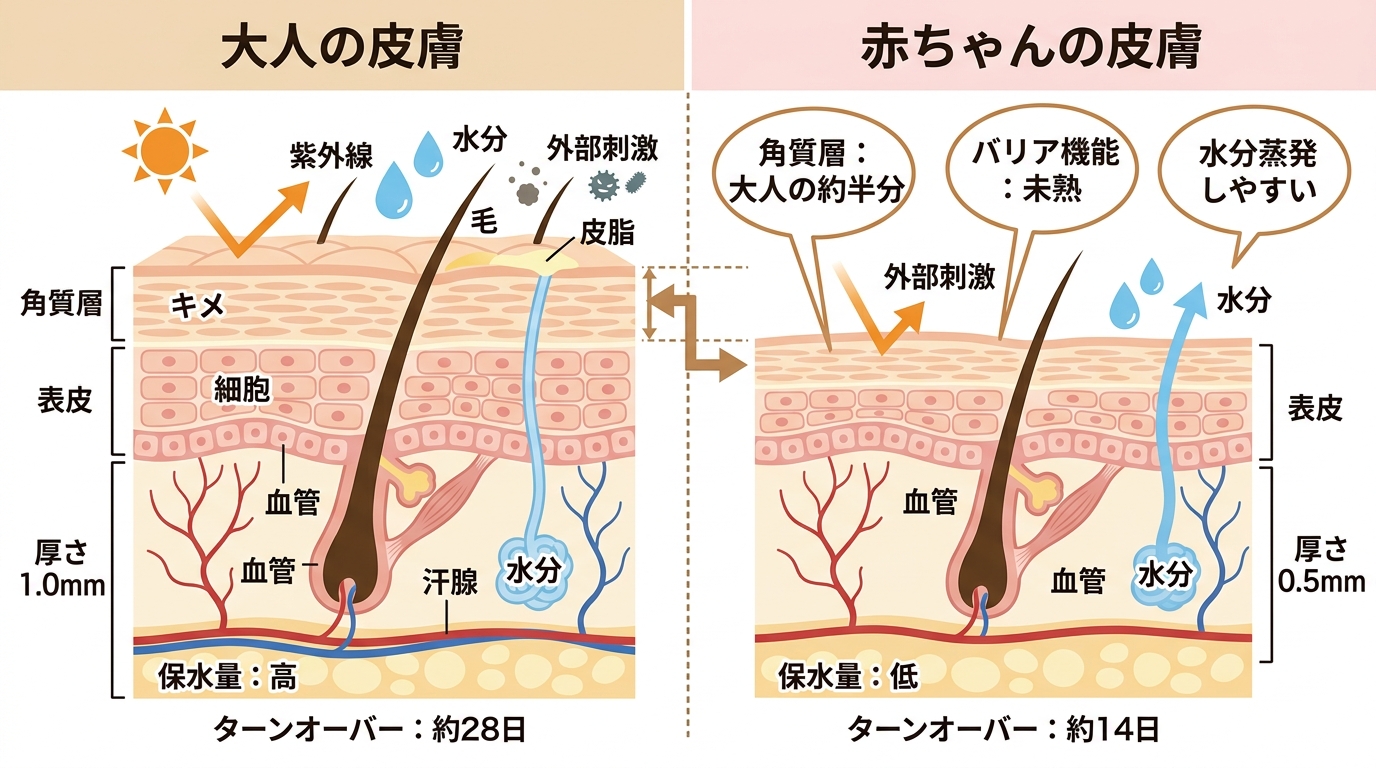 赤ちゃんと大人の皮膚構造の比較断面図。左に「大人の皮膚」右に「赤ちゃんの皮膚」を並べ、角質層の厚さの違いを日本語ラベルで示す。「角質層：大人の約半分」「バリア機...