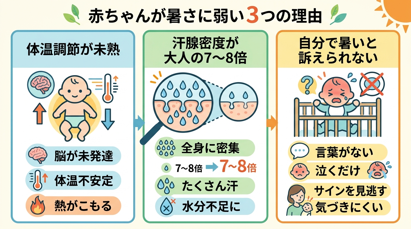 赤ちゃんが暑さに弱い3つの理由を図解。左から「体温調節が未熟」「汗腺密度が大人の7〜8倍」「自分で暑いと訴えられない」の3列構成。各列にアイコンと日本語の説明ラ...