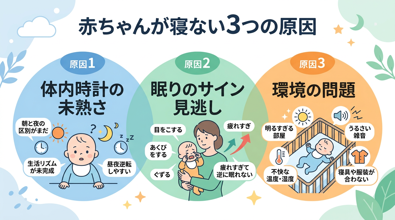 赤ちゃんが寝ない3つの原因（体内時計の未熟さ・眠りのサイン見逃し・環境の問題）を3つの円で図解したインフォグラフィック。画像内のすべてのテキスト・ラベル・見出し...