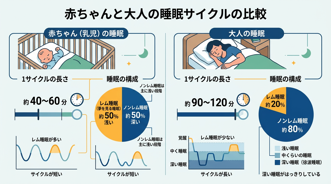赤ちゃんと大人の睡眠サイクルの違いを示す比較図（レム睡眠の割合・サイクル長）