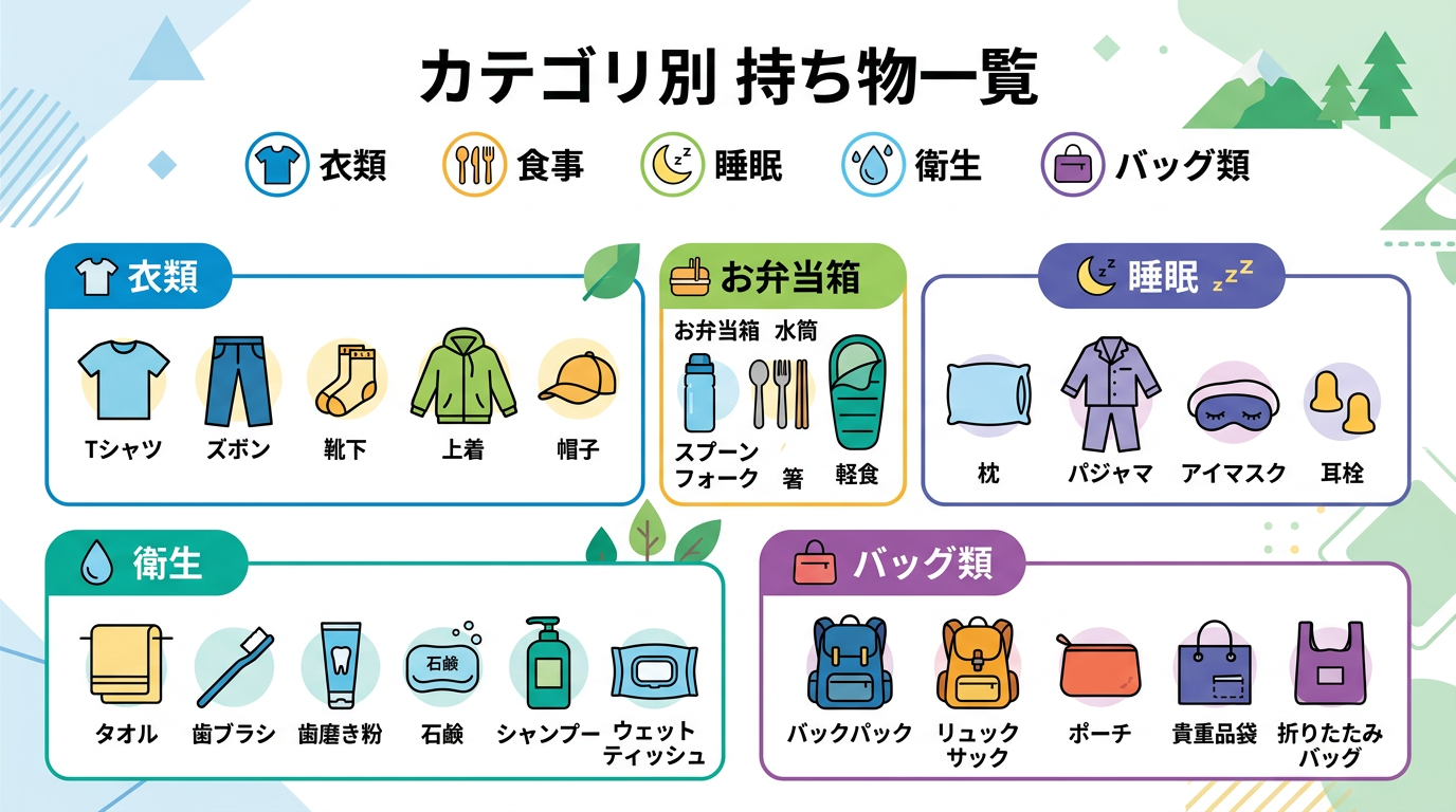 カテゴリ別持ち物一覧のインフォグラフィック — 衣類・食事・睡眠・衛生・バッグ類の5カテゴリ