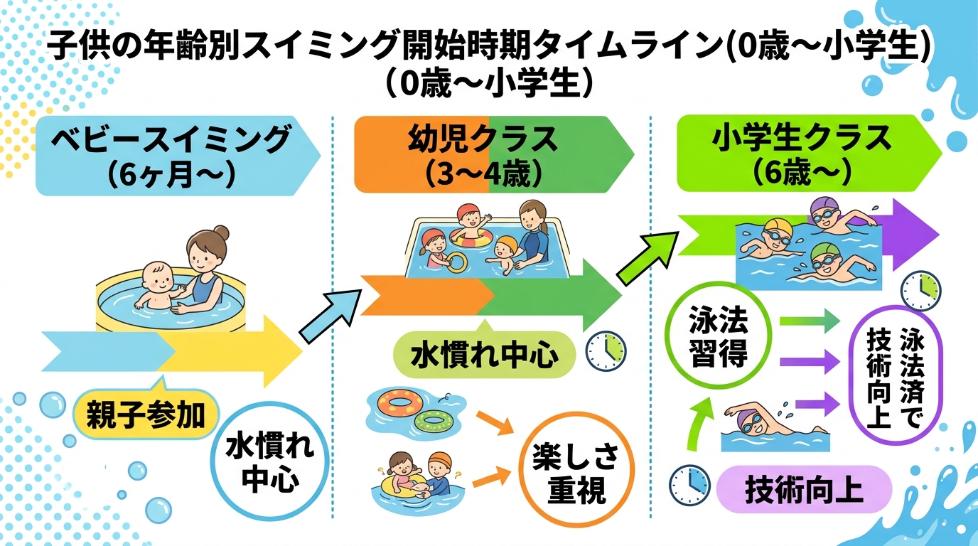 子供の年齢別スイミング開始時期タイムライン（0歳〜小学生）。「ベビースイミング（6ヶ月〜）」「幼児クラス（3〜4歳）」「小学生クラス（6歳〜）」の3段階を矢印で...