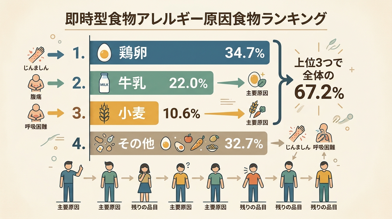 即時型食物アレルギーの原因食物ランキングを横棒グラフで表示。「鶏卵 34.7%」「牛乳 22.0%」「小麦 10.6%」「その他...