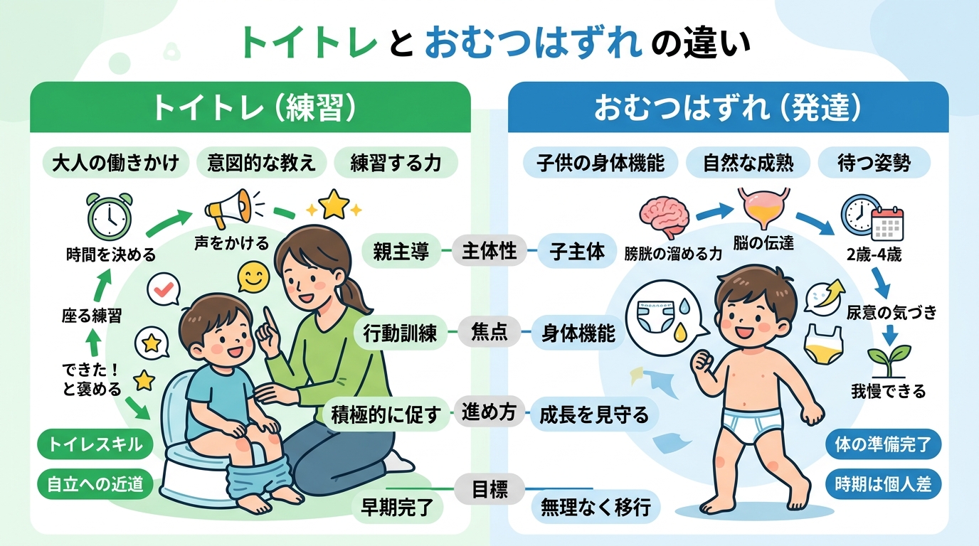 トイトレとおむつはずれの違いを示す比較図。左側が「トイトレ(練習)」、右側が「おむつはずれ(発達)」というラベル付き。画像内のすべてのテキスト・ラベル・見出しは...