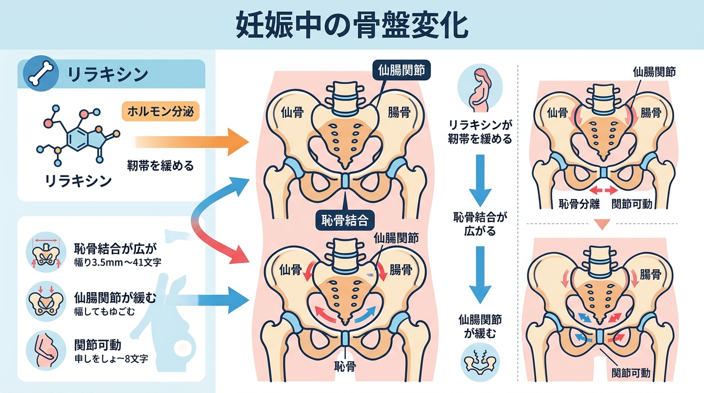 妊娠中の骨盤変化イラスト図（恥骨結合・仙腸関節・リラキシンの3要素）。「リラキシンが靭帯を緩める」「恥骨結合が広がる」「仙腸関節が緩む」の日本語ラベル付き矢印フ...
