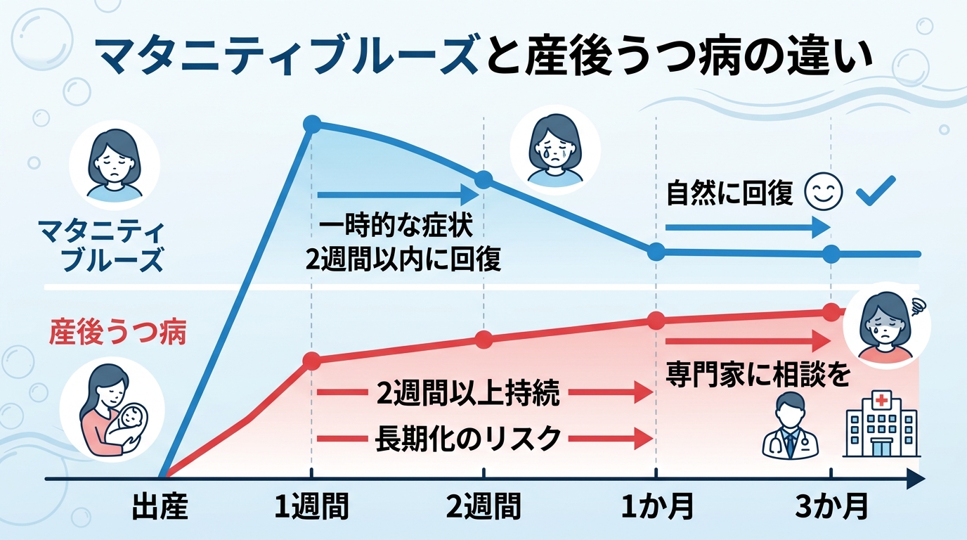 マタニティブルーズと産後うつ病の違いを示す比較タイムライン図。横軸に「出産」「1週間」「2週間」「1か月」「3か月」の時間軸。上段にマタニティブルーズ（短期間で...