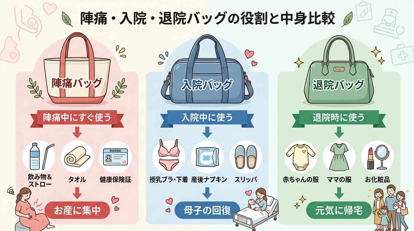陣痛バッグ・入院バッグ・退院バッグの役割比較イラスト。3つの異なる色のバッグ（赤・青・緑）を横並びで描き、それぞれに「陣痛中にすぐ使う」「入院中に使う」「退院時...