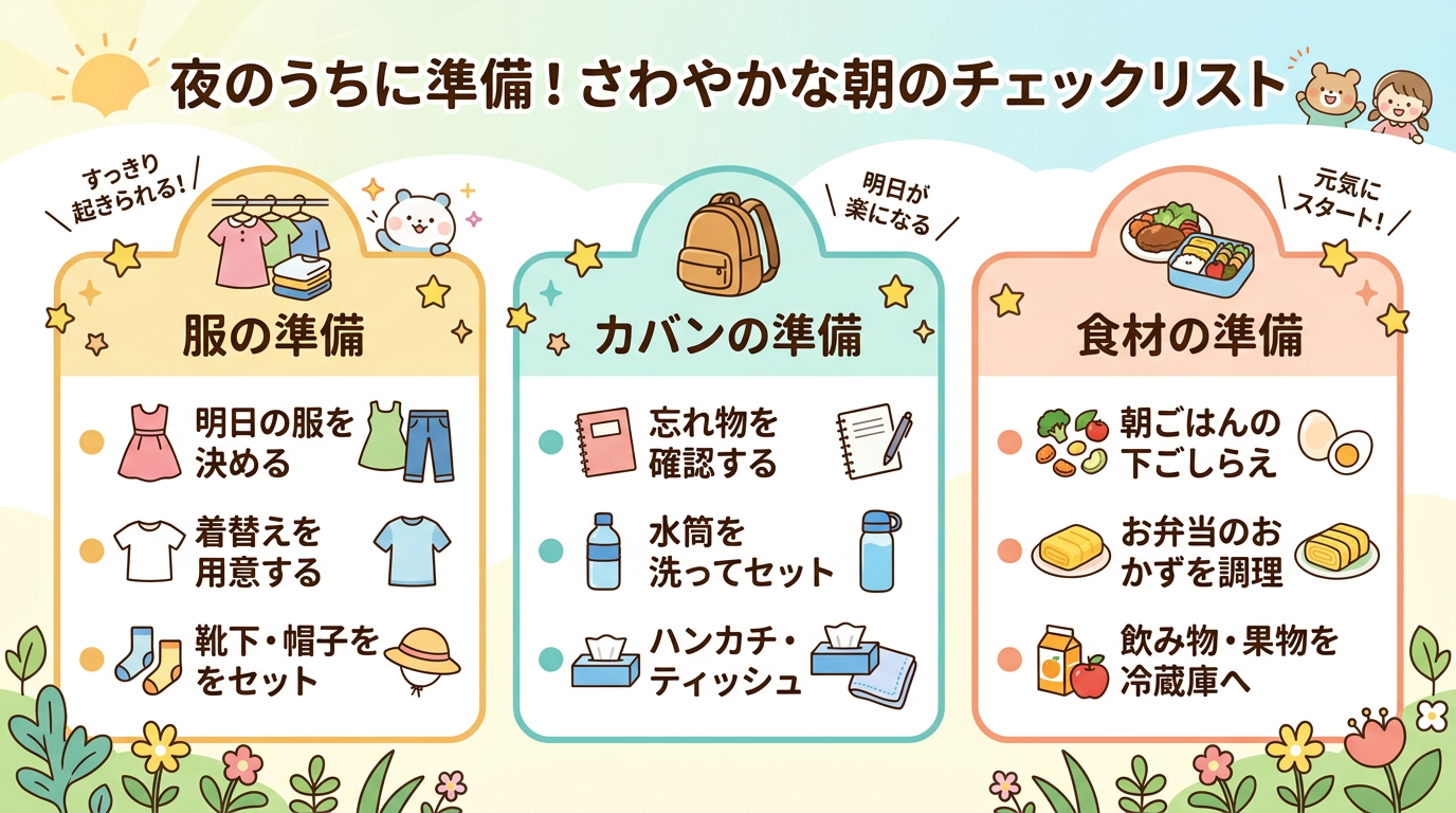 夜のうちに準備しておくアイテムのチェックリスト風インフォグラフィック。服・カバン・食材の準備アイコンを配置。明るいパステル調、子育てフレンドリー、朝の爽やかさを...