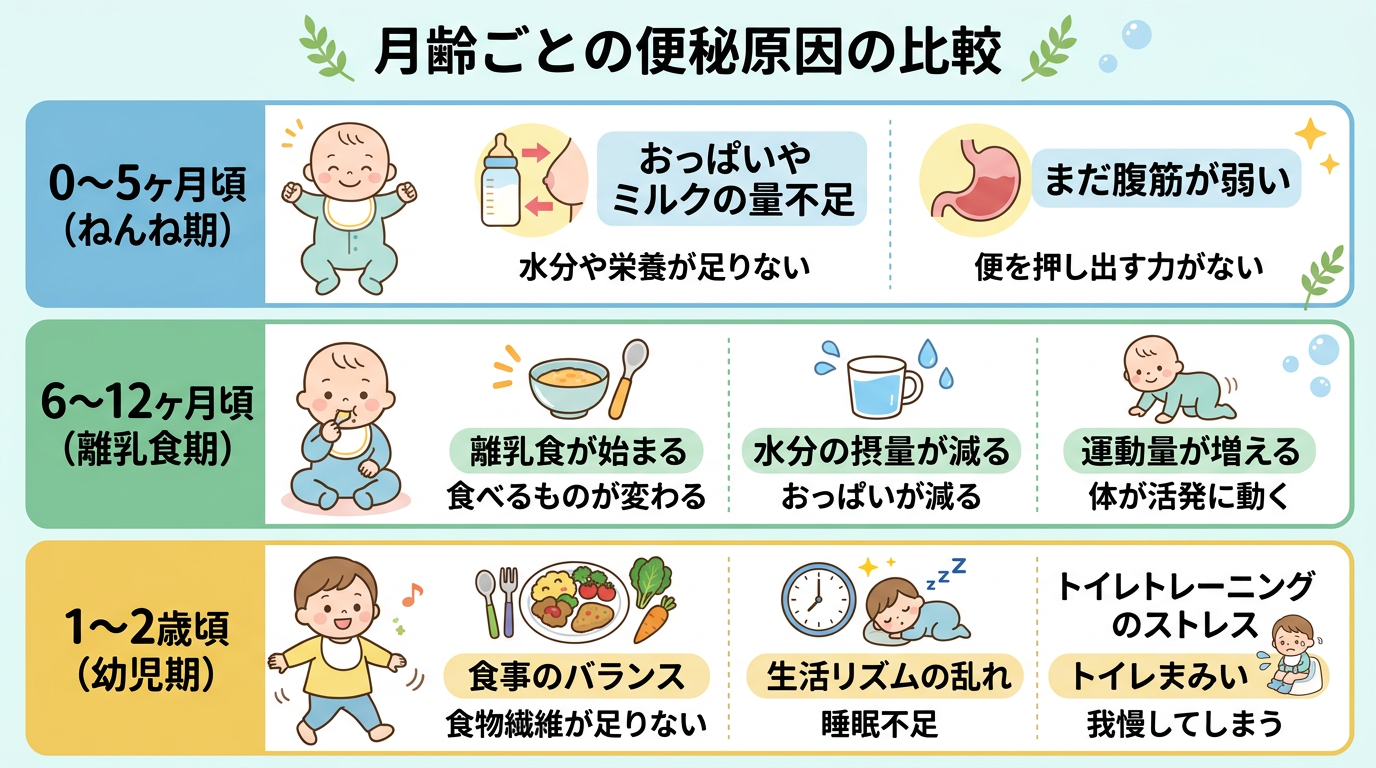月齢ごとの便秘原因の比較図。画像内のすべてのテキスト・ラベル・見出しは自然な日本語のみで書くこと。英語・ローマ字・アルファベットは一切使わないこと。文字量は少な...