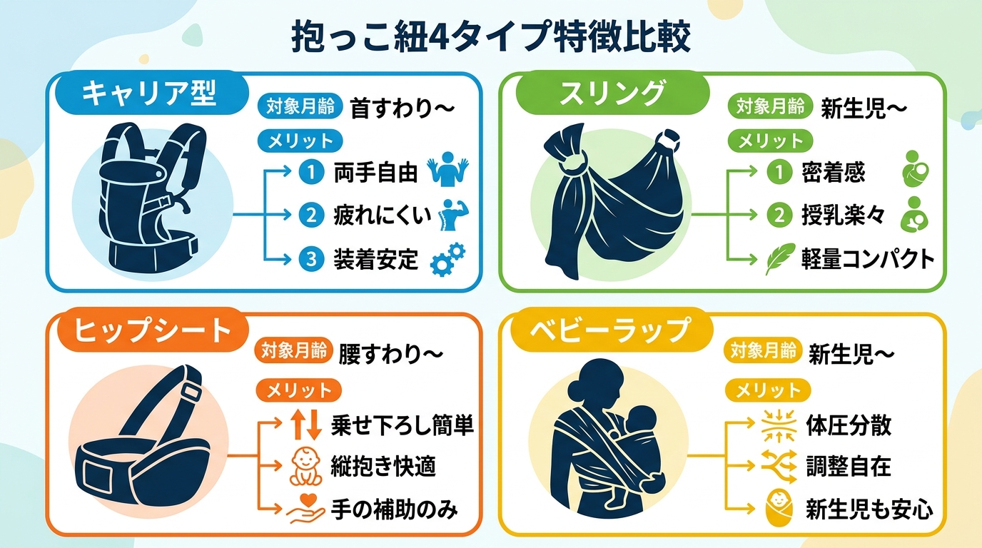 抱っこ紐4タイプの特徴比較図（2×2グリッド）。「キャリア型」「スリング」「ヒップシート」「ベビーラップ」の各タイプに、イメージシルエット・対象月齢・メリットの...