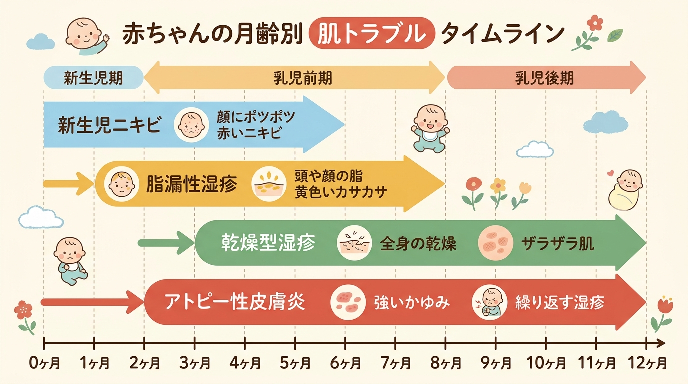 赤ちゃんの月齢別肌トラブルのタイムライン図（横軸：0ヶ月〜12ヶ月）。「新生児ニキビ（0-2ヶ月）」「脂漏性湿疹（1-4ヶ月）」「乾燥型湿疹（3ヶ月〜）」「アト...