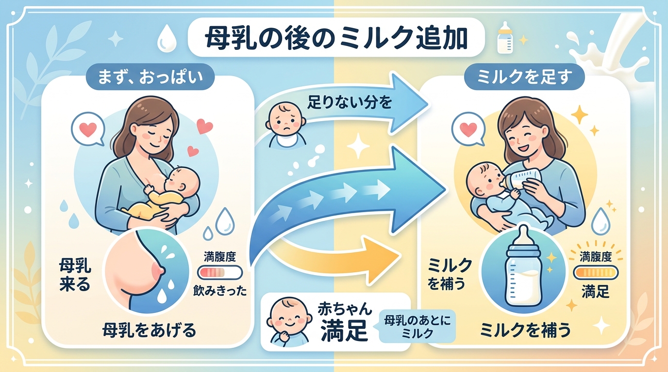 母乳をあげた後にミルクを足すイメージイラスト。左側に「おっぱい」右側に「ミルクボトル」を矢印でつなぎ、日本語で「まず母乳→足りない分をミルクで補う」のフローを示...