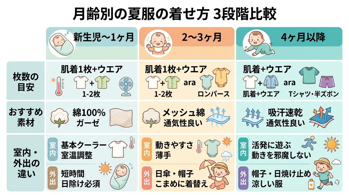 月齢別の夏服の着せ方を3段階で比較した表形式のインフォグラフィック。「新生児〜1ヶ月」「2〜3ヶ月」「4ヶ月以降」の3列。各列に「枚数の目安」「おすすめ素材」「...