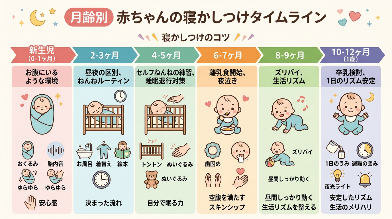 横軸に月齢（新生児〜1歳）を取り、各段階の代表的な寝かしつけ方法をアイコンで並べたタイムライン形式のインフォグラフィック。画像内のすべてのテキスト・ラベル・見出...