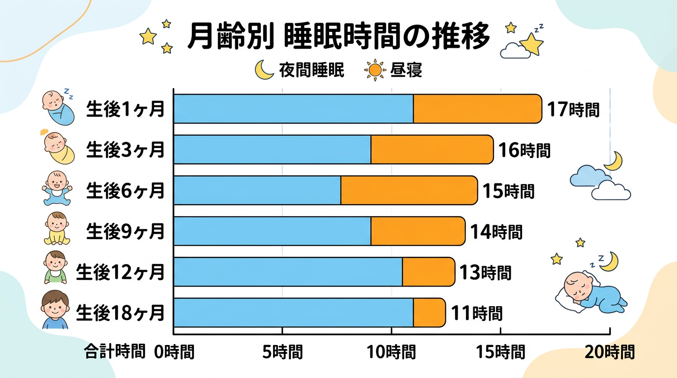 月齢別の睡眠時間推移を示す横棒グラフ（夜間睡眠と昼寝を色分け）