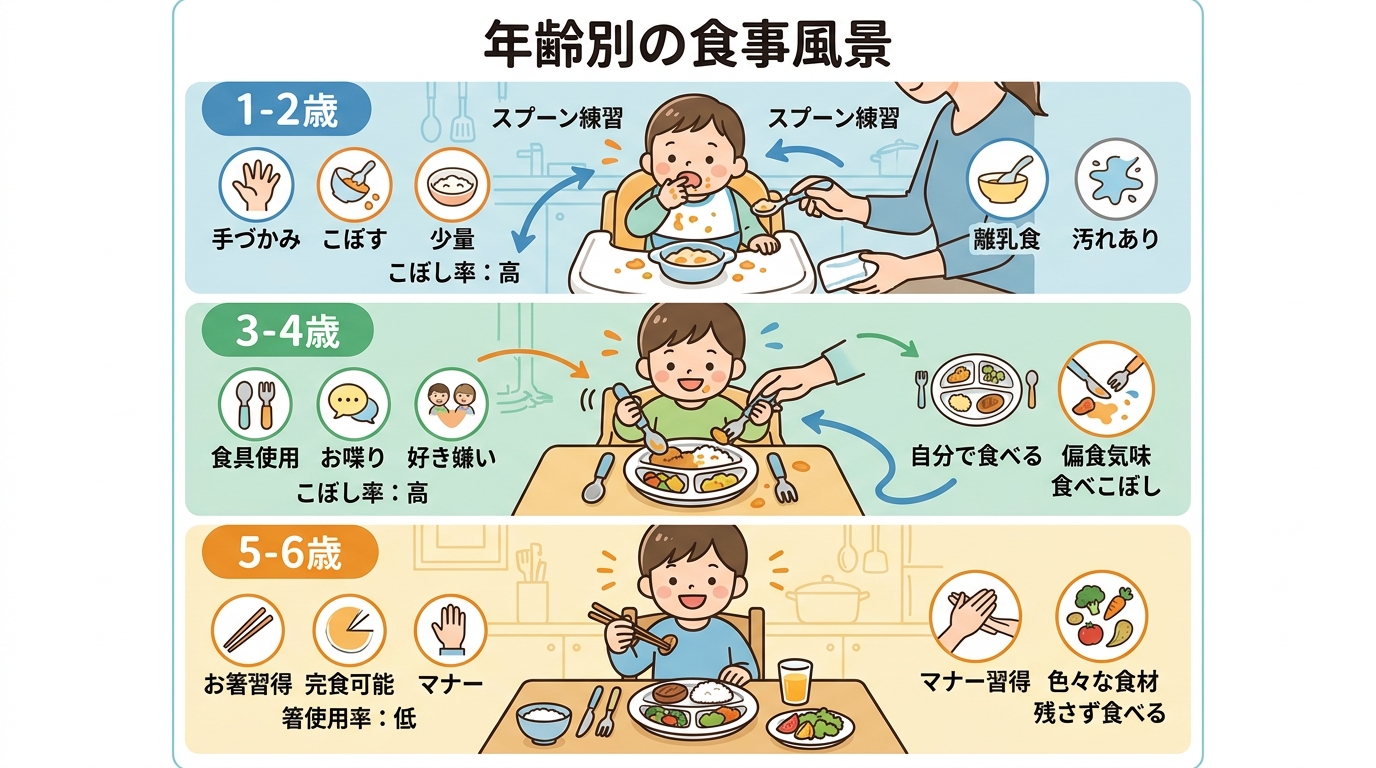 年齢別（1-2歳・3-4歳・5-6歳）の子どもが食事している3つの場面を並べた構成。各年齢の日本語ラベル付き。画像内のすべてのテキスト・ラベル・見出しは自然な日...