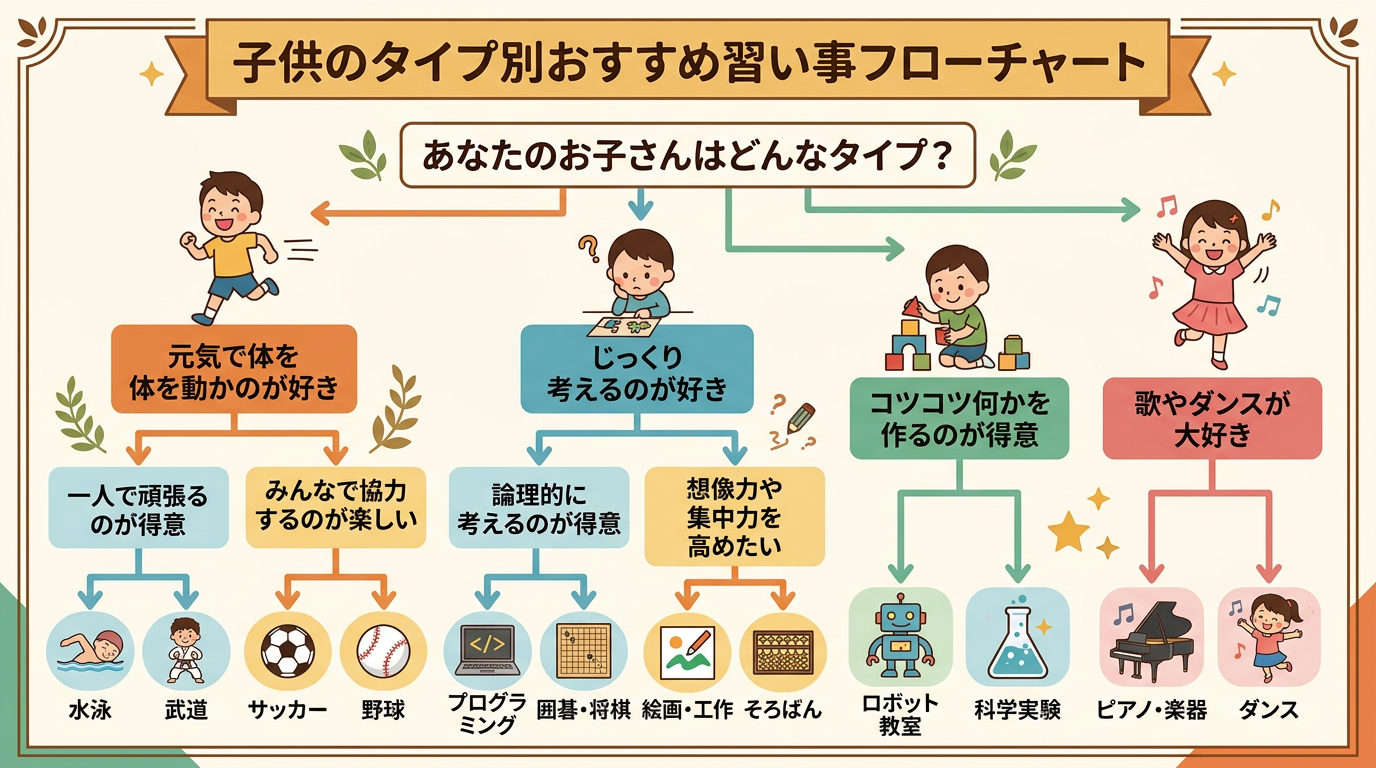 子供のタイプ別おすすめ習い事フローチャート — 性格特徴から習い事ジャンルへの導線を図示