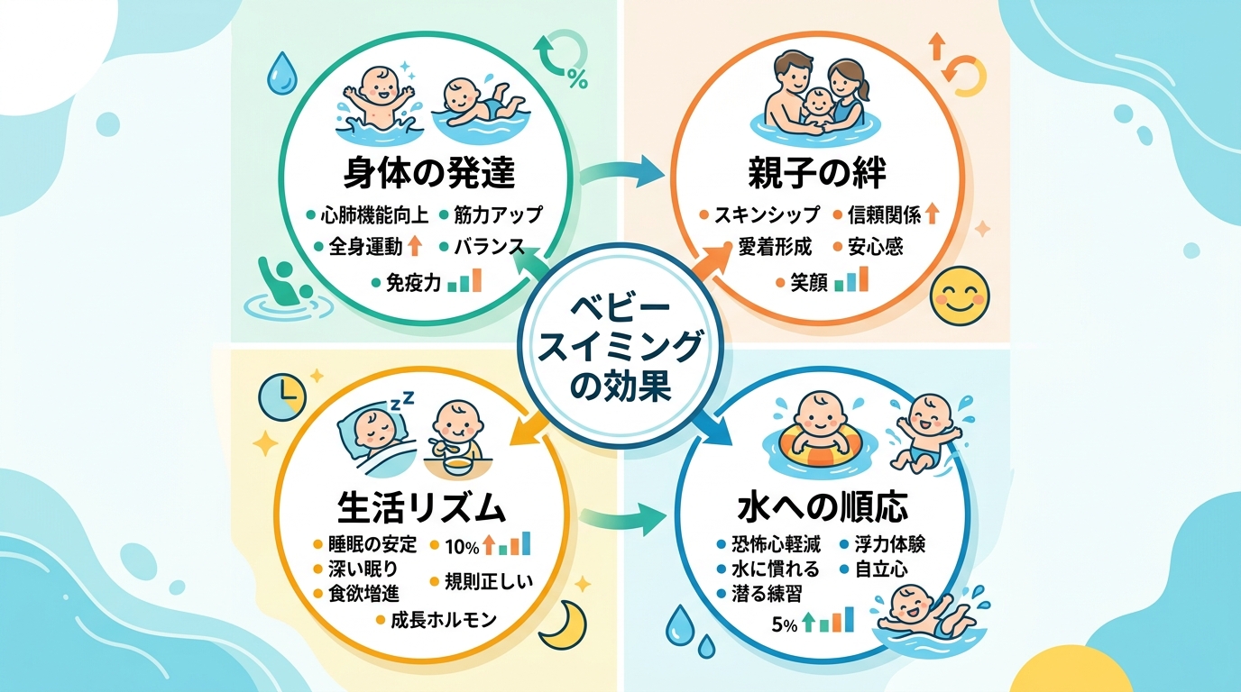 ベビースイミングの効果を示す4象限インフォグラフィック。「身体の発達（心肺機能・全身運動）」「親子の絆（スキンシップ・信頼関係）」「生活リズム（食事・睡眠の安定...