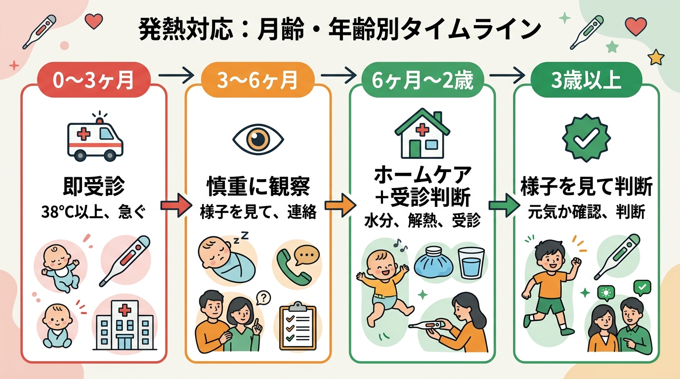月齢・年齢別の発熱対応を示した4段階のタイムライン図。「0〜3ヶ月：即受診」→「3〜6ヶ月：慎重に観察」→「6ヶ月〜2歳：ホームケア＋受診判断」→「3歳以上：様...