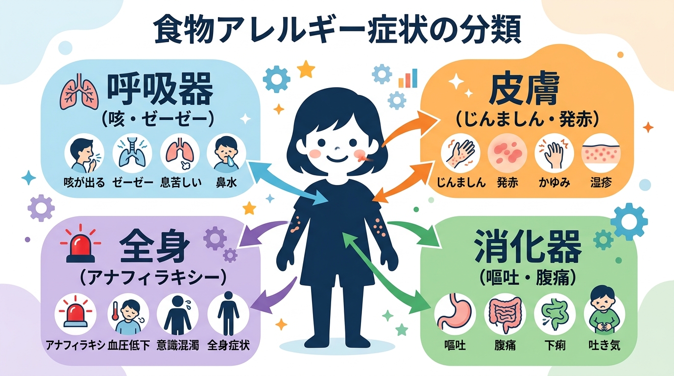 食物アレルギーの症状を臓器別に分類した図。中央に子どものシルエット、周囲に「皮膚（じんましん・発赤）」「呼吸器（咳・ゼーゼー）」「消化器（嘔吐・腹痛）」「全身（...