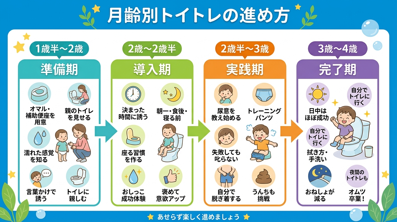 月齢別トイトレの進め方を示すフロー図。1歳半〜2歳(準備期)→2歳〜2歳半(導入期)→2歳半〜3歳(実践期)→3歳〜4歳(完了期)の矢印付き。画像内のすべてのテ...