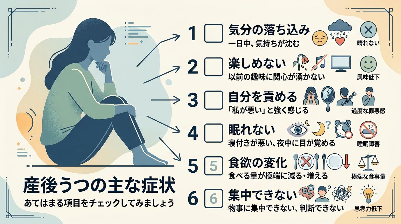 産後うつの主な症状を示すイラスト風チェックリスト。左側に女性のシルエット、右側に「気分の落ち込み」「楽しめない」「自分を責める」「眠れない」「食欲の変化」「集中...