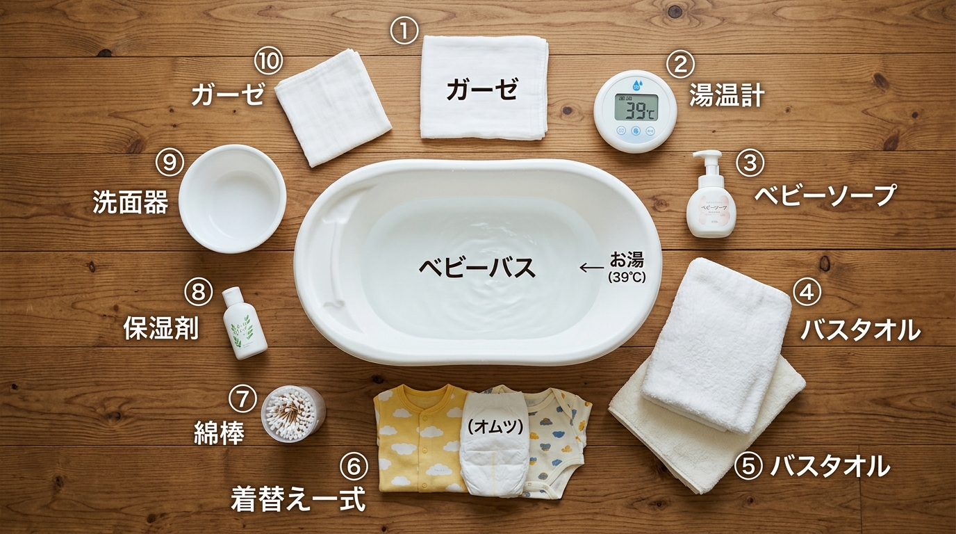 沐浴の準備物を上から見たフラットレイ画像。中央にベビーバス、周囲にガーゼ2枚・湯温計（39℃表示）・ベビーソープ・バスタオル2枚・着替え一式（肌着＋ベビー服＋オ...