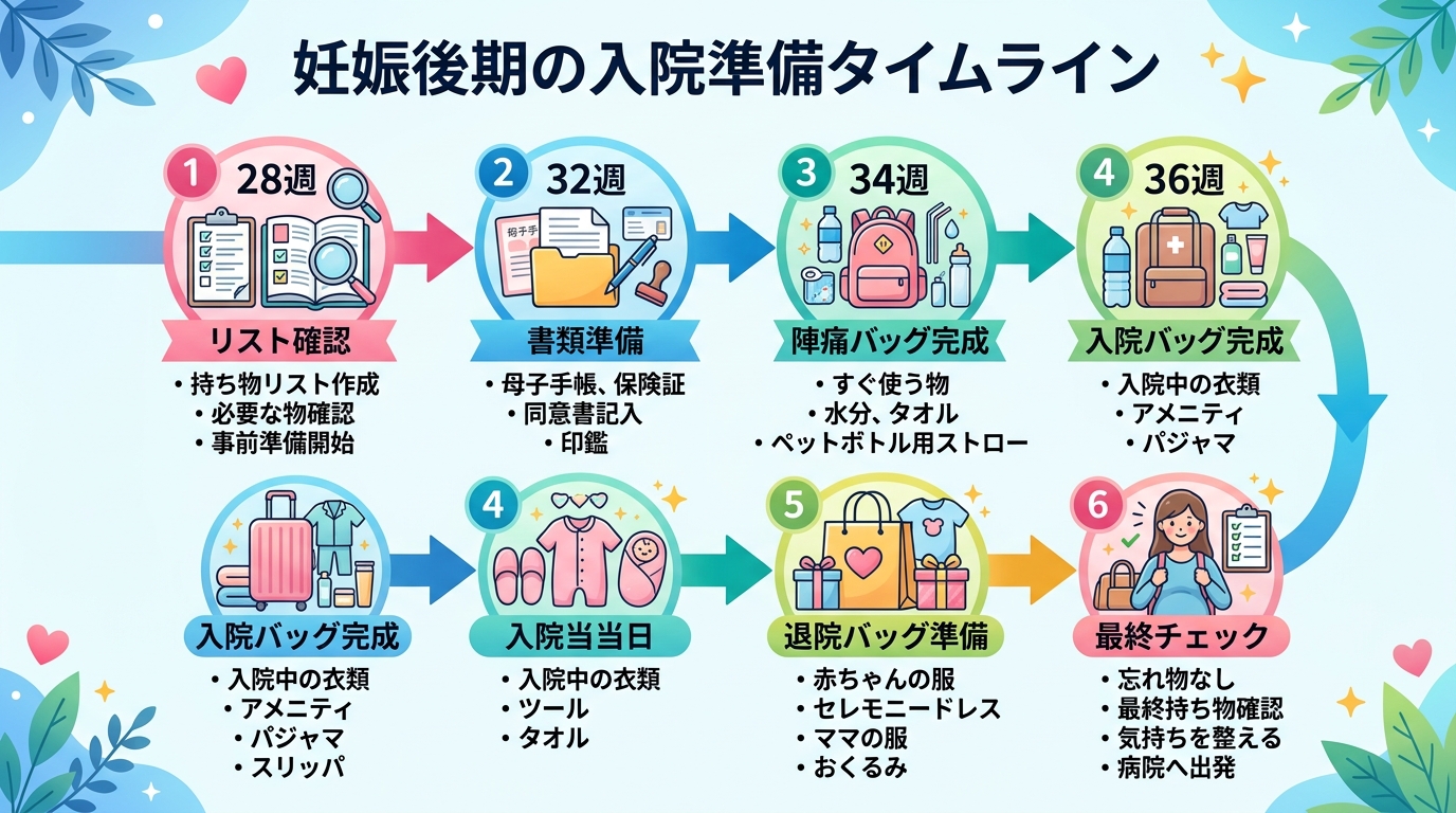妊娠後期の入院準備スケジュールタイムライン。妊娠28週・32週・34週・36週・38週・入院当日の6ステップを矢印でつなぎ、各ステップに「リスト確認」「書類準備...