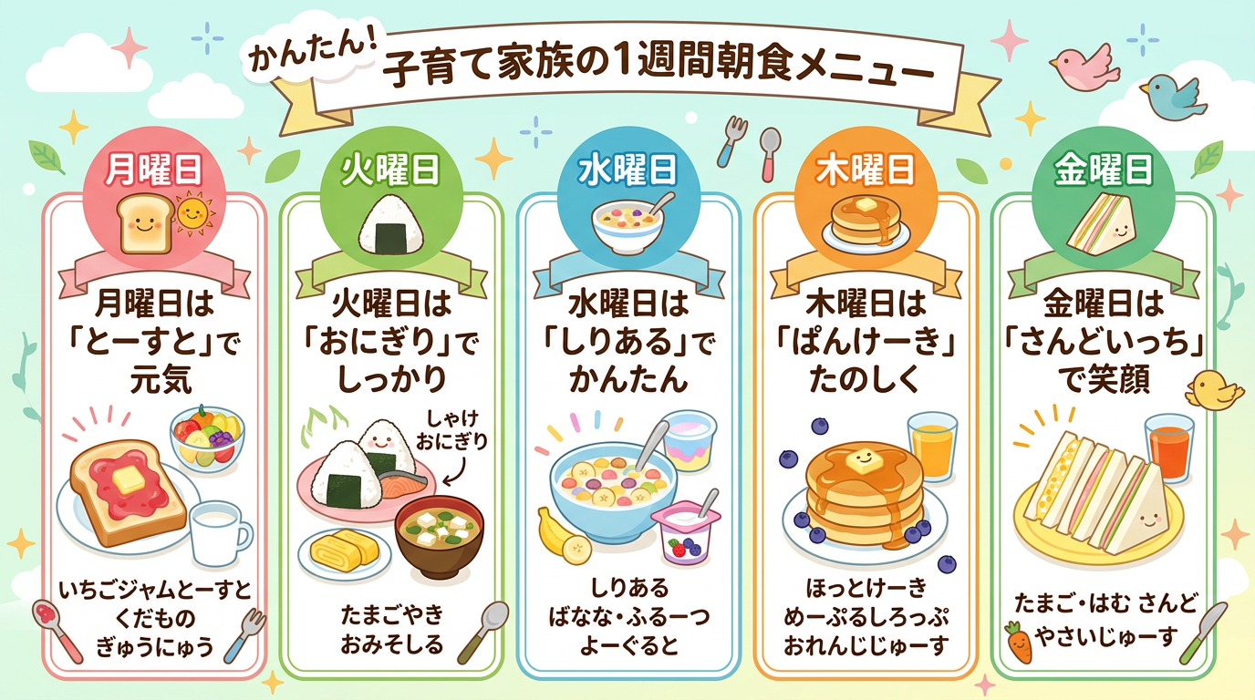 曜日別の朝食メニュー表のインフォグラフィック。月〜金の簡単メニュー例をイラスト付きで表示。明るいパステル調、子育てフレンドリー、朝の爽やかさを表現