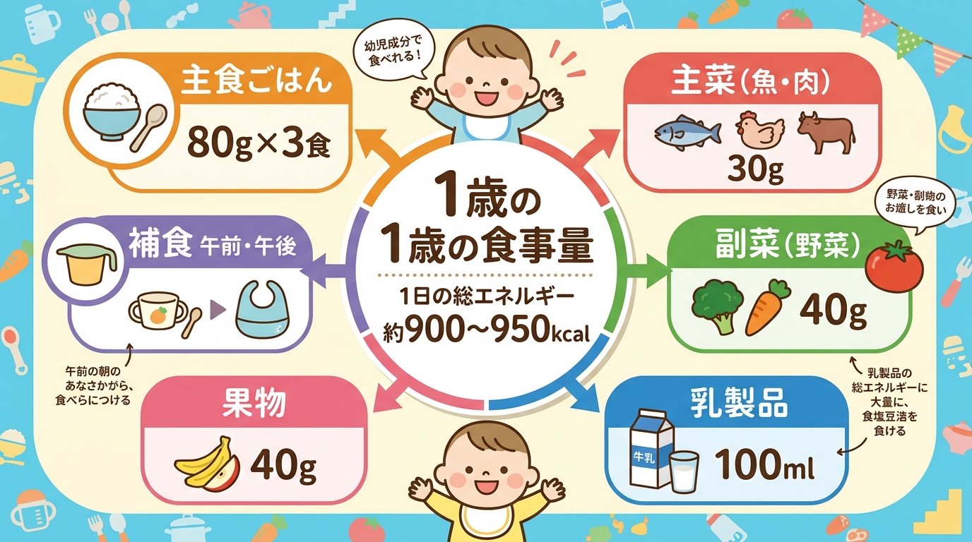 1歳児の1日の食事量目安インフォグラフィック。中央に「1日の総エネルギー約900〜950kcal」を配置し、周囲に「主食ごはん80g×3食」「主菜（魚・肉）30...