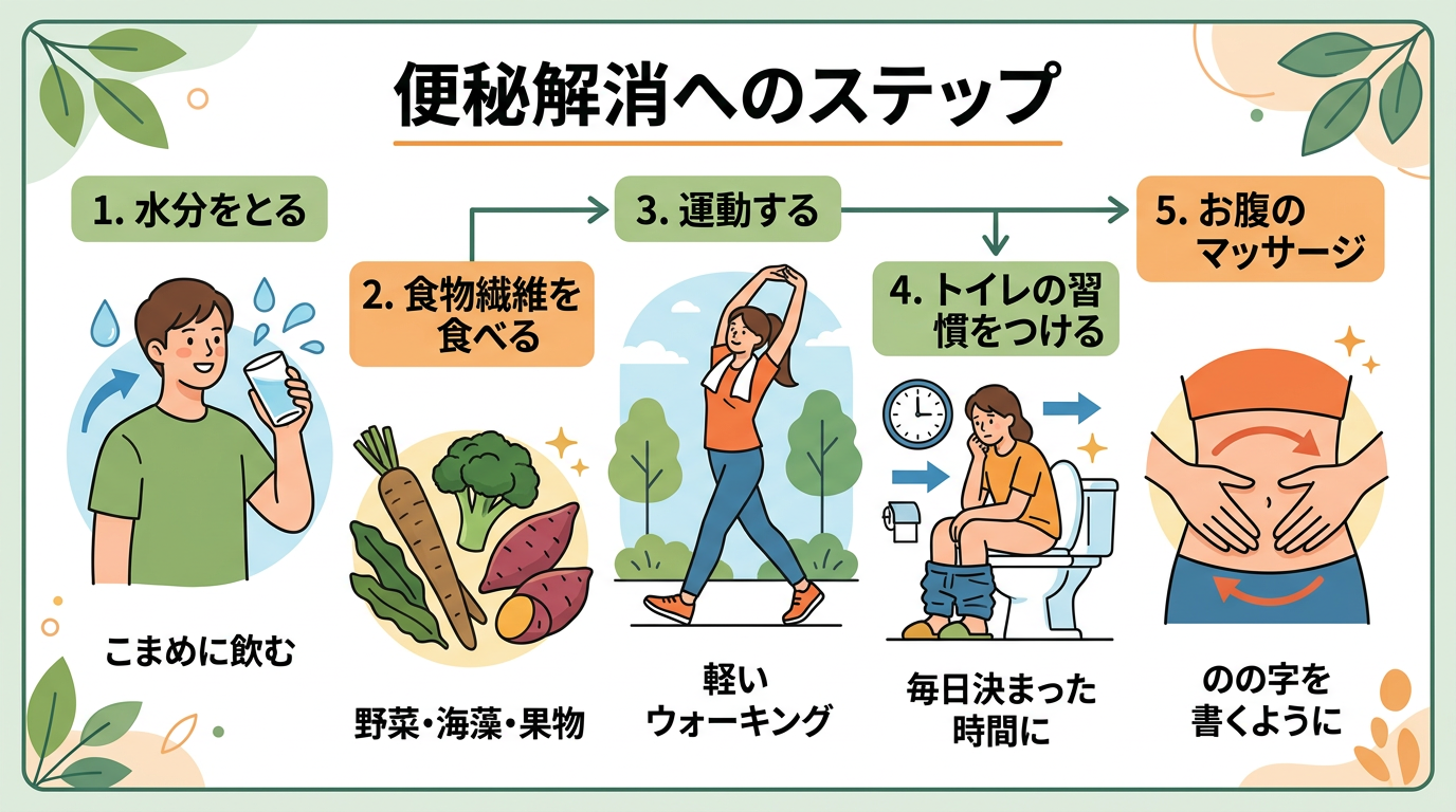 便秘解消法のステップを示す図。画像内のすべてのテキスト・ラベル・見出しは自然な日本語のみで書くこと。英語・ローマ字・アルファベットは一切使わないこと。文字量は少...