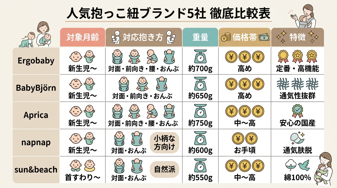 人気抱っこ紐ブランド5社の比較表。縦軸に「ergobaby」「babybjörn」「aprica」「napnap」「sun&beach」、横軸に「対象月齢」「対...