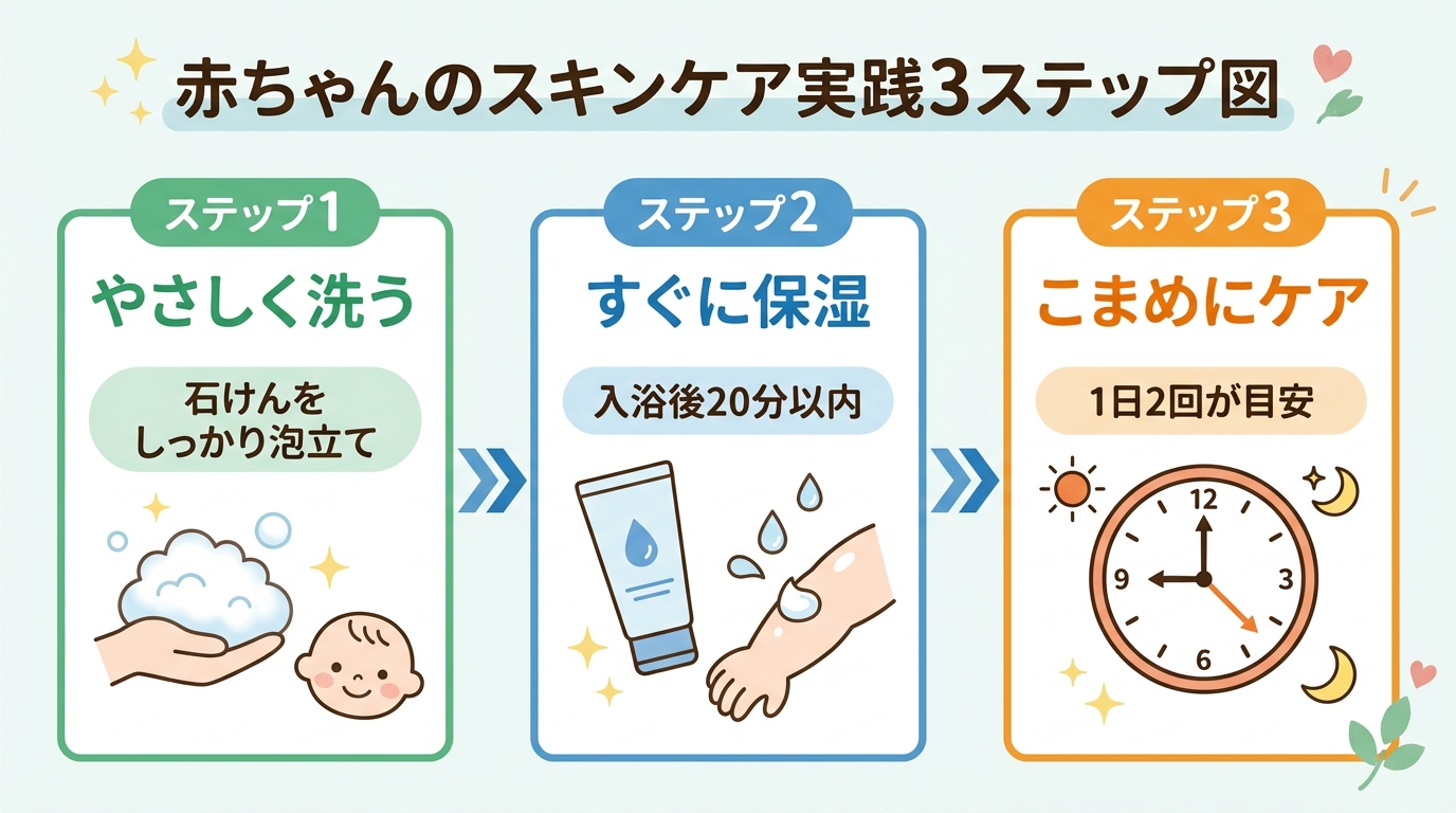 赤ちゃんのスキンケア実践3ステップ図。ステップ1「やさしく洗う」（泡のイラスト・「石けんをしっかり泡立て」ラベル）→ステップ2「すぐに保湿」（保湿剤のイラスト・...