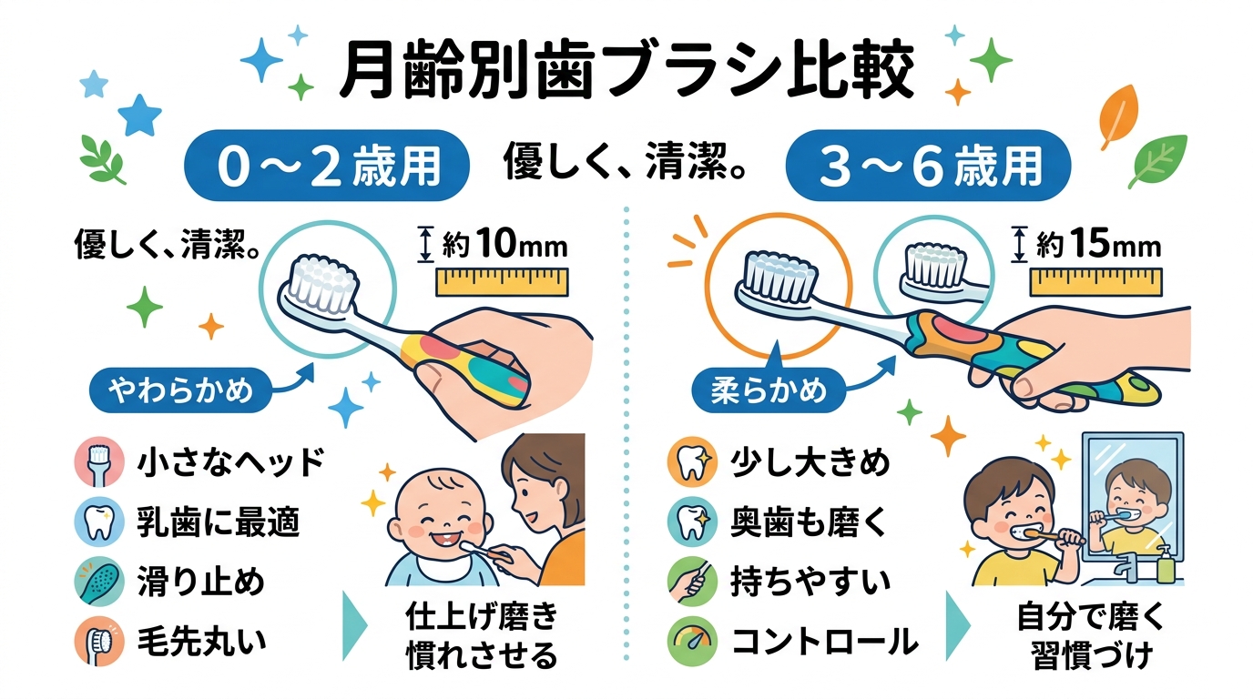 月齢別の歯ブラシを比較した図解。各タイプのヘッドサイズと特徴を視覚的に示す。0-2歳用はコンパクト、3-6歳用は少し大きめ。画像内のすべてのテキスト・ラベル・見...
