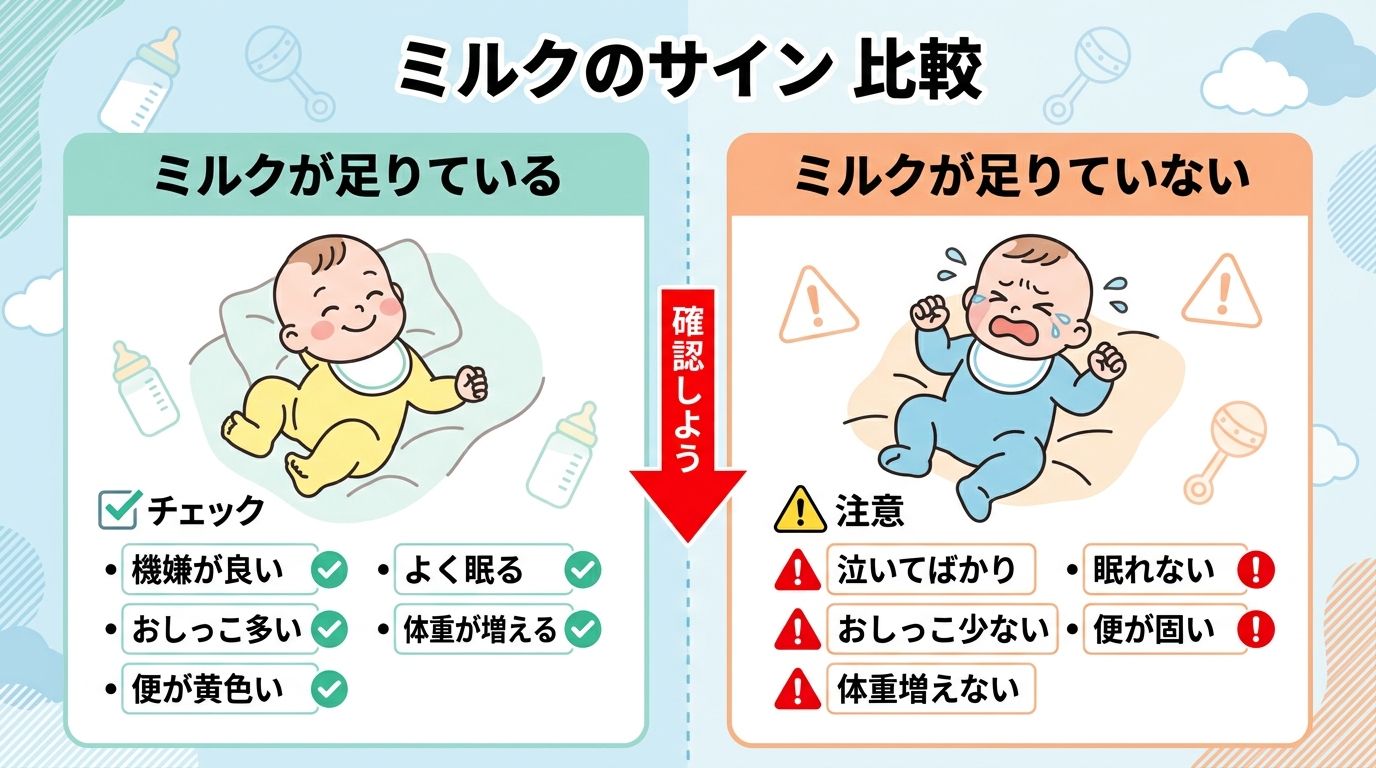 「ミルクが足りているサイン」と「足りていないサイン」を左右に分けた比較イラスト。左側に笑顔の赤ちゃん＋チェックリスト、右側に泣いている赤ちゃん＋注意マーク。日本...