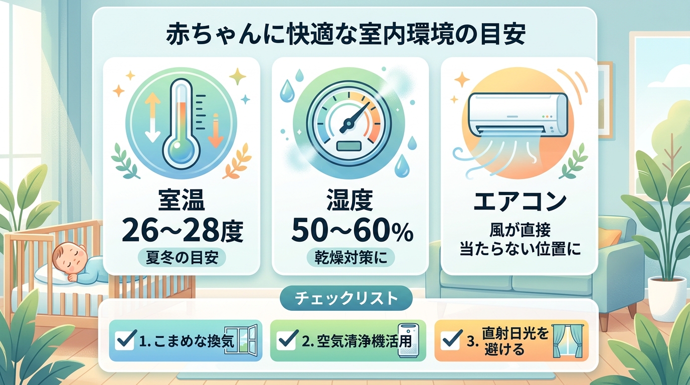 赤ちゃんに快適な室内環境の数値目安を示すインフォグラフィック。温度計アイコンに「26〜28度」、湿度計アイコンに「50〜60%」、エアコンアイコンに「風が直接当...