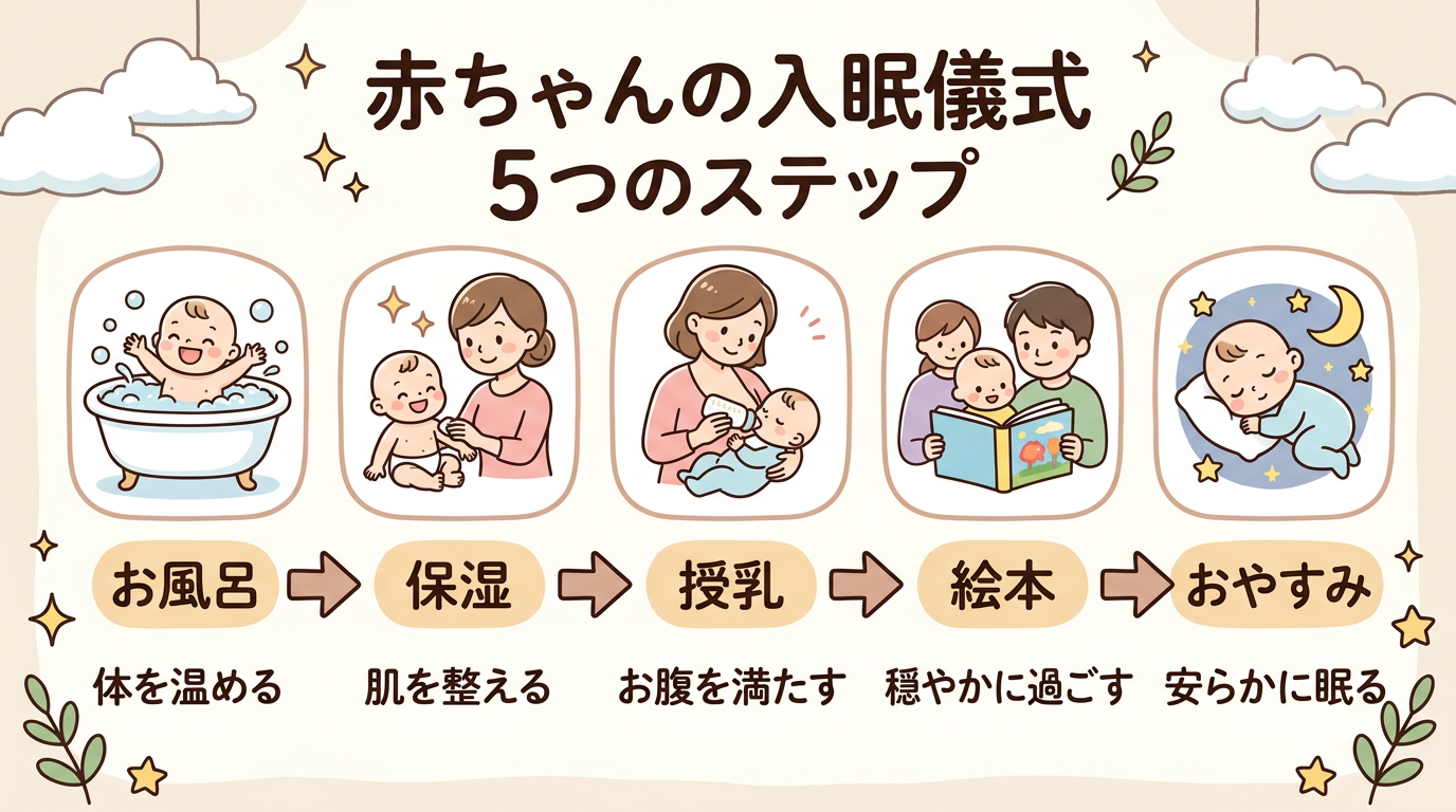 入眠儀式の5ステップ（お風呂→保湿→授乳→絵本→おやすみ）を左から右へ矢印でつなげたステップ図解。各ステップにかわいいアイコン付き。画像内のすべてのテキスト・ラ...