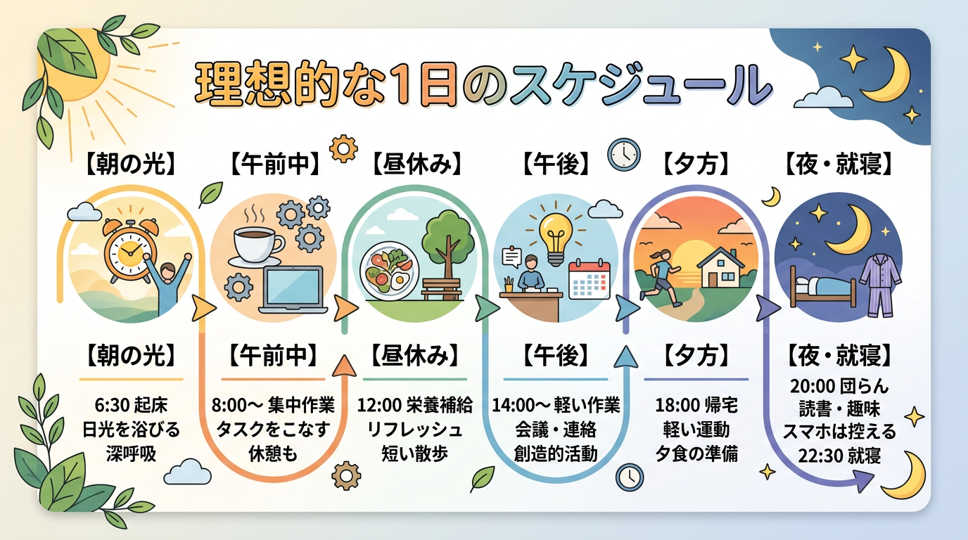 理想的な1日のスケジュール例（朝の光〜就寝ルーティンまでのフロー図）