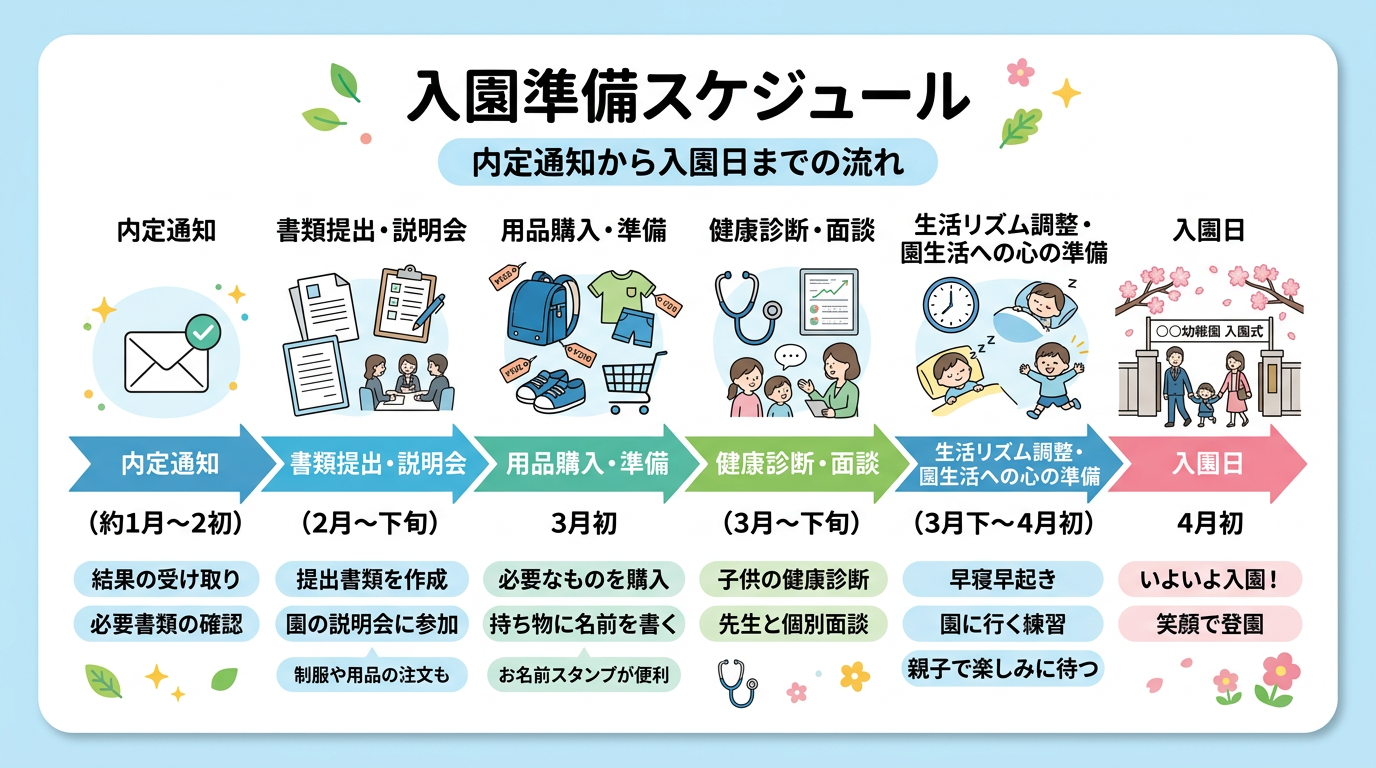 入園準備スケジュールタイムライン — 内定通知から入園日までの準備フロー