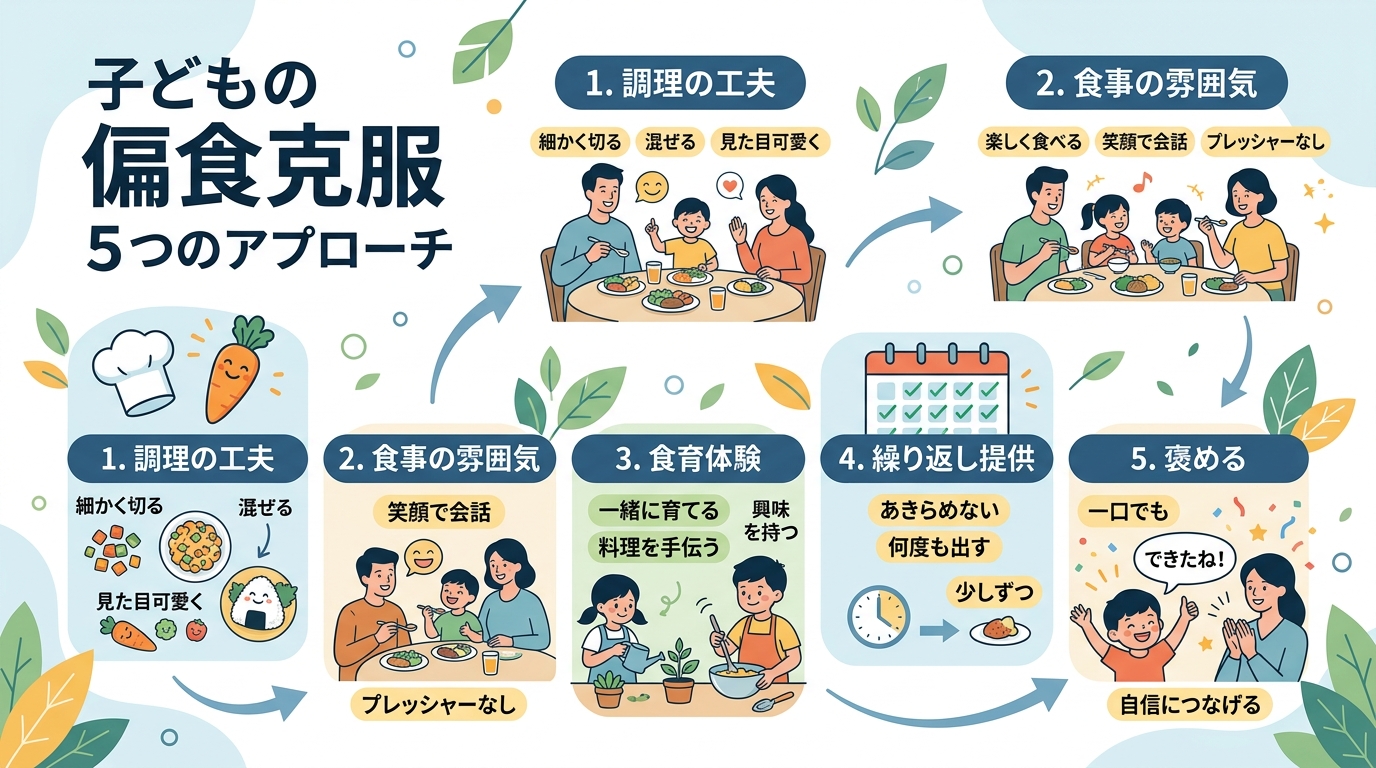 5つの克服アプローチ（調理の工夫・食事の雰囲気・食育体験・繰り返し提供・褒める）を日本語で番号付きリストにしたインフォグラフィック。画像内のすべてのテキスト・ラ...
