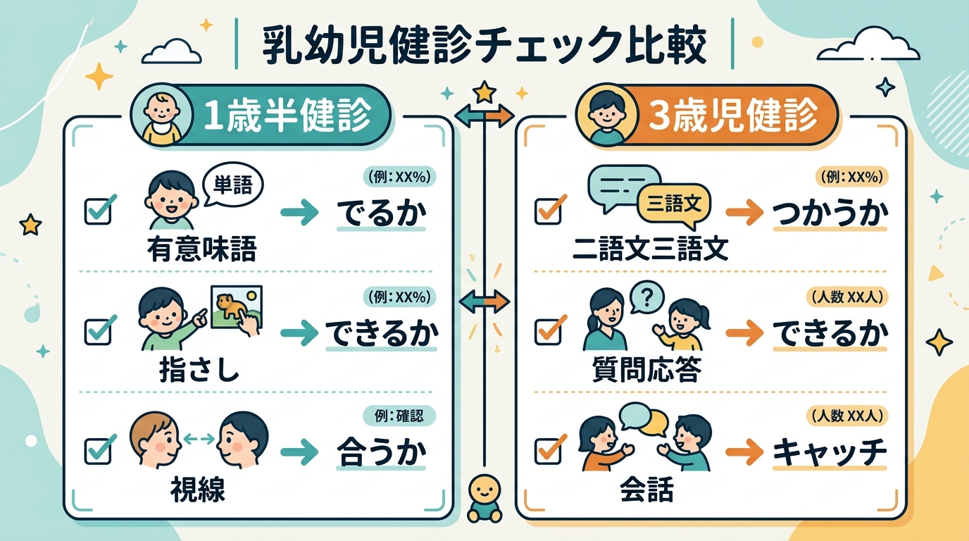 1歳半健診と3歳児健診のチェック項目を比較する2列構成のインフォグラフィック。左側「1歳半健診」に「意味のある単語が出るか」「指差しができるか」「視線が合うか」...