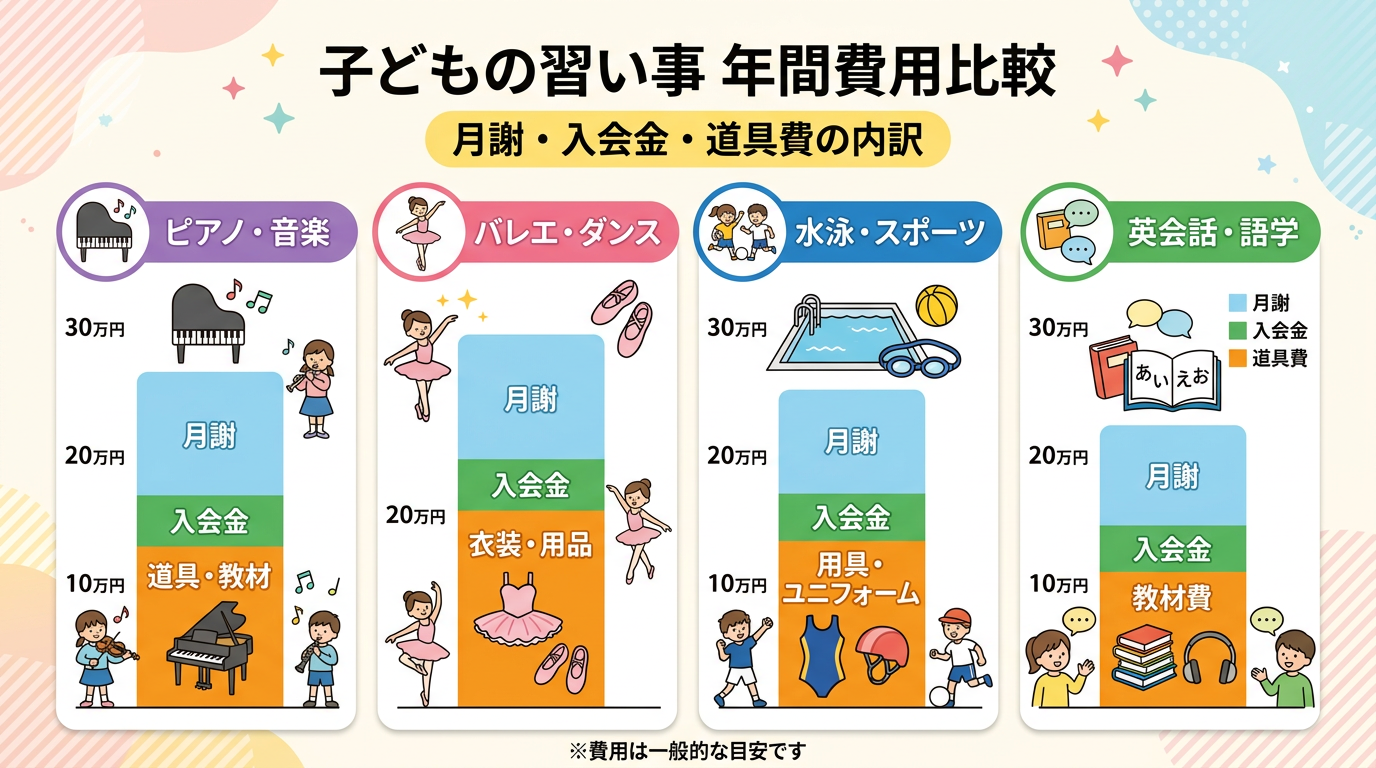 習い事ジャンル別の年間費用比較グラフ — 月謝・入会金・道具費の内訳つき