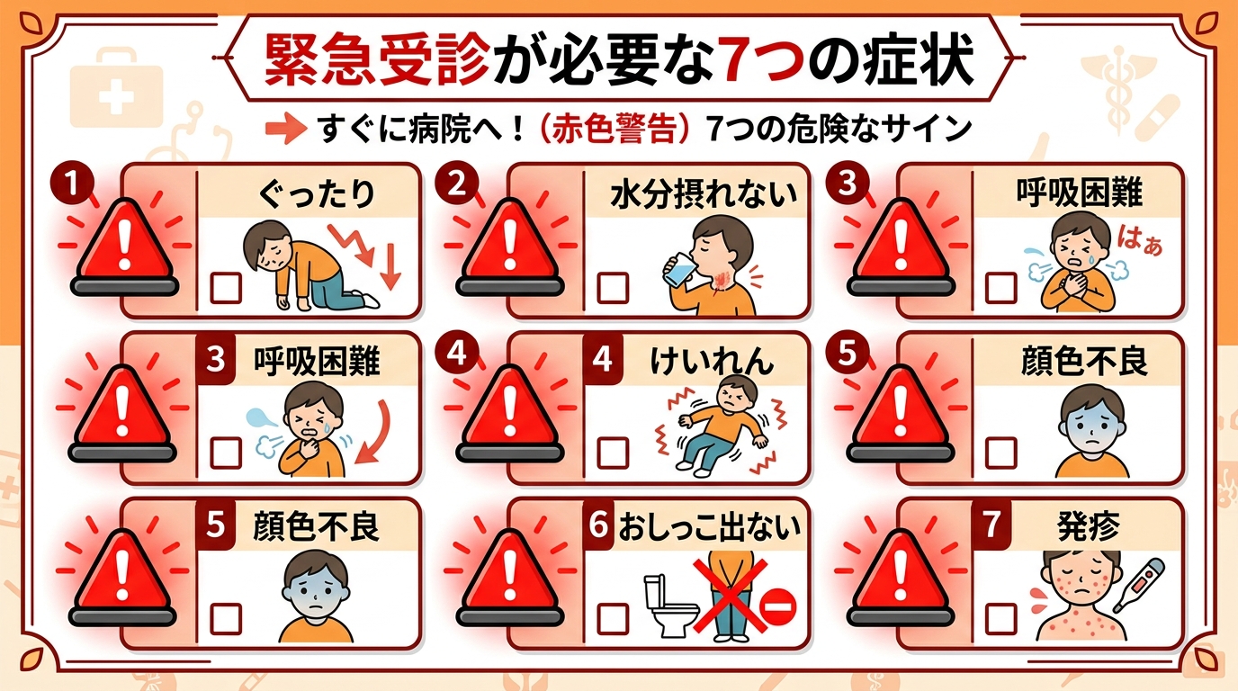 緊急受診が必要な7つの症状をチェックリスト形式で表示した一覧図。各項目に赤い警告アイコン付き。「ぐったり」「水分摂れない」「呼吸困難」「けいれん」「顔色不良」「...