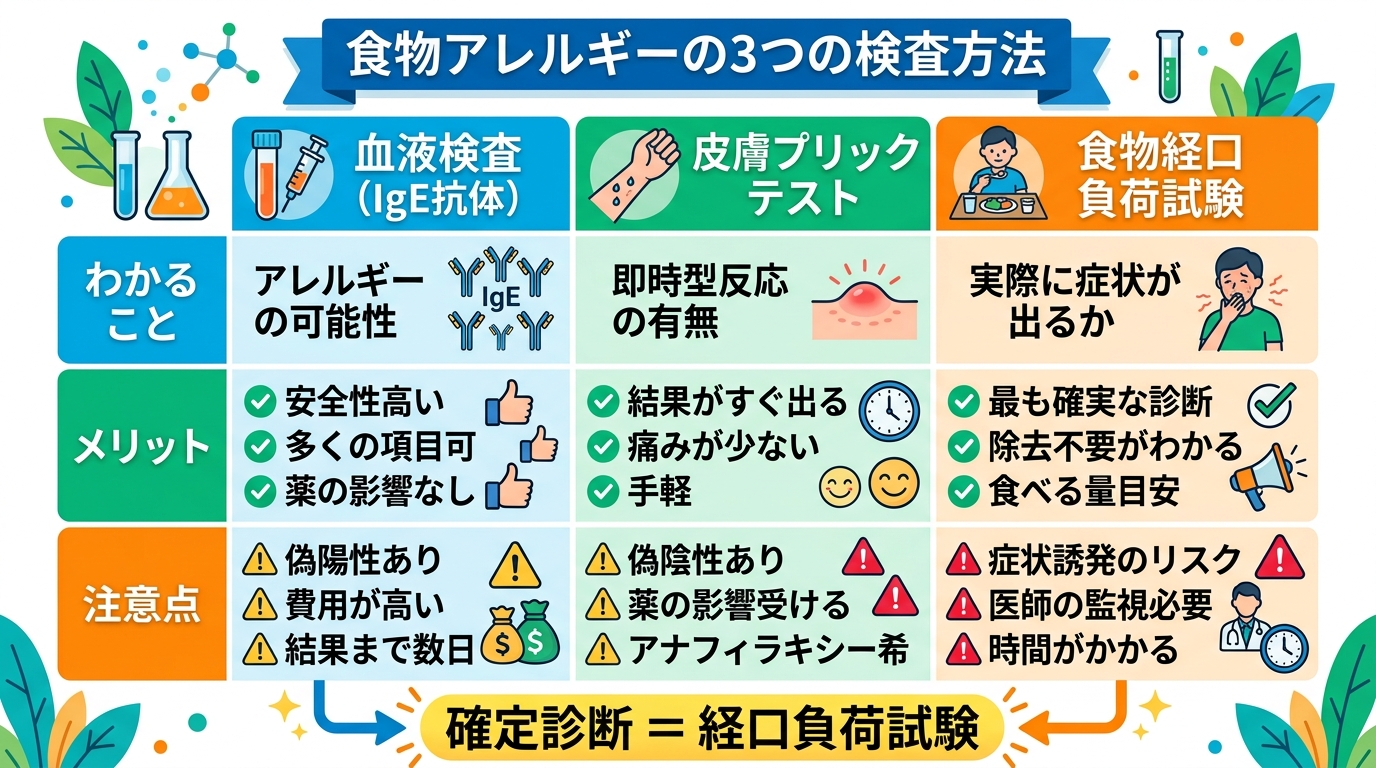 食物アレルギーの3つの検査方法を比較した表形式のインフォグラフィック。「血液検査（ige抗体）」「皮膚プリックテスト」「食物経口負荷試験」の3列に、「わかること...
